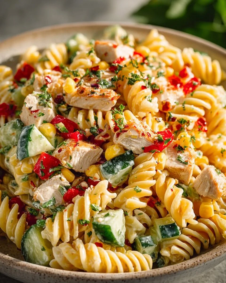 Bowl of creamy ranch chicken pasta salad with fresh vegetables and herbs