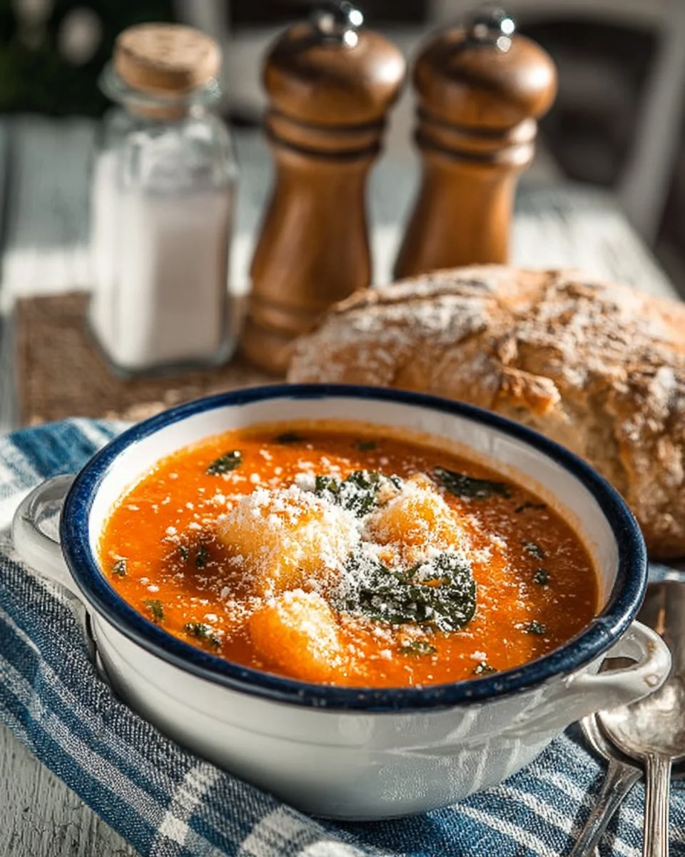 Creamy tomato spinach tortellini soup served in a bowl with fresh herbs.