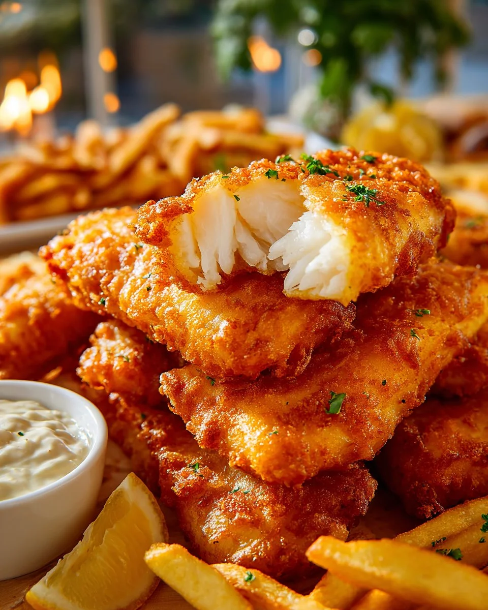 Plate of crispy beer battered fish served with tartar sauce and lemon wedges.