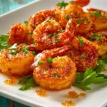Plate of crispy fried golden shrimps garnished with herbs