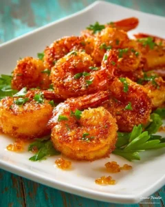 Plate of crispy fried golden shrimps garnished with herbs