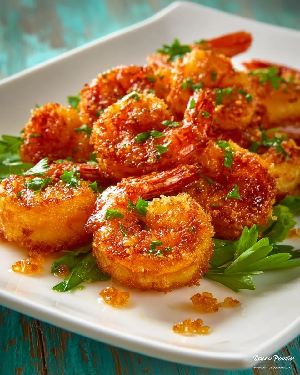 Plate of crispy fried golden shrimps garnished with herbs