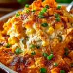 Delicious Doritos Casserole with Chicken topped with melted cheese and crunchy chips