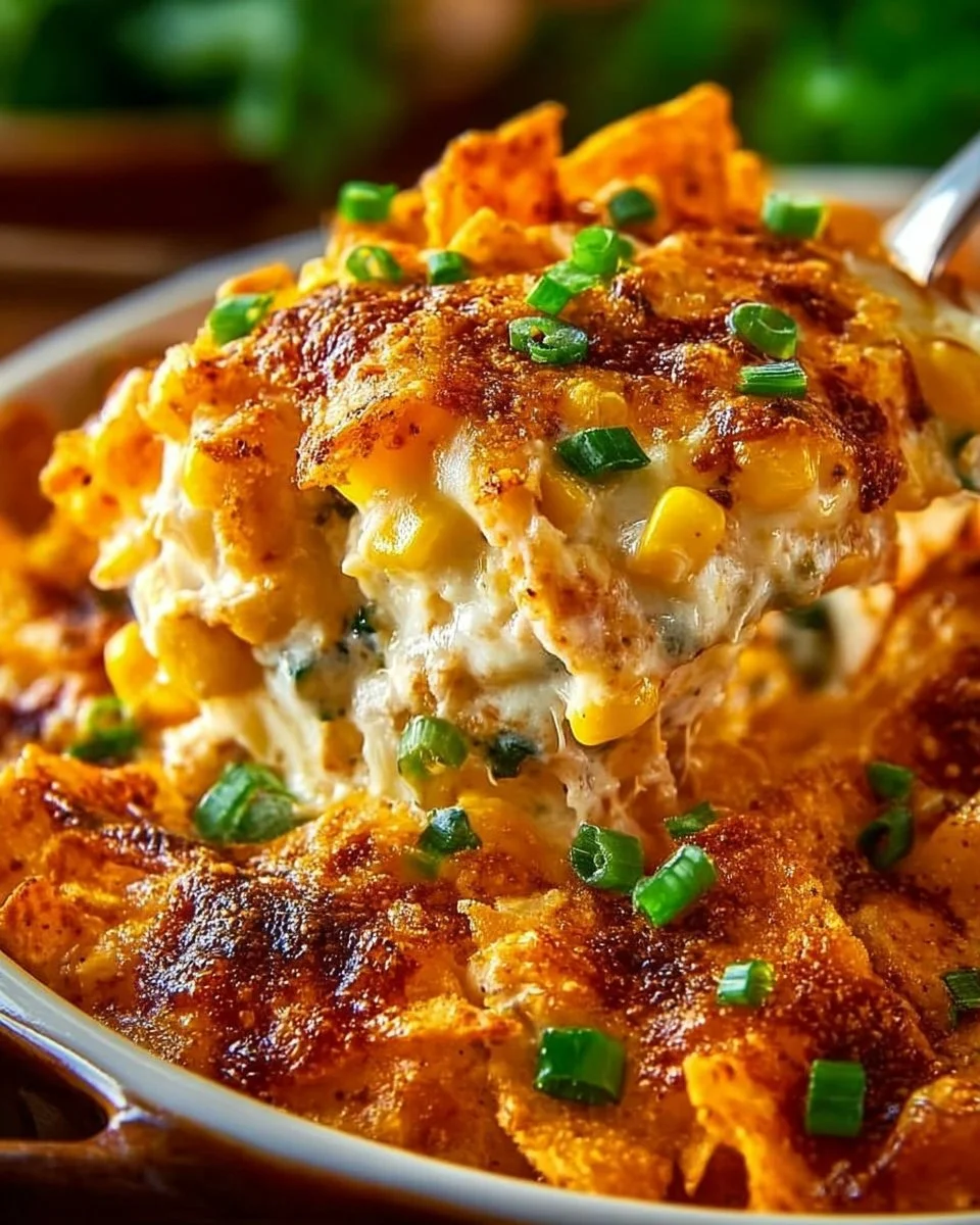 Delicious Doritos Casserole with Chicken topped with melted cheese and crunchy chips