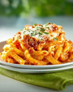 Delicious baked ziti with sausage, melted cheese, and rich tomato sauce on a plate.