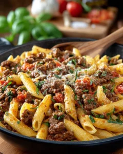 Plate of Easy Cheesy Ground Beef Pasta topped with cheese and herbs