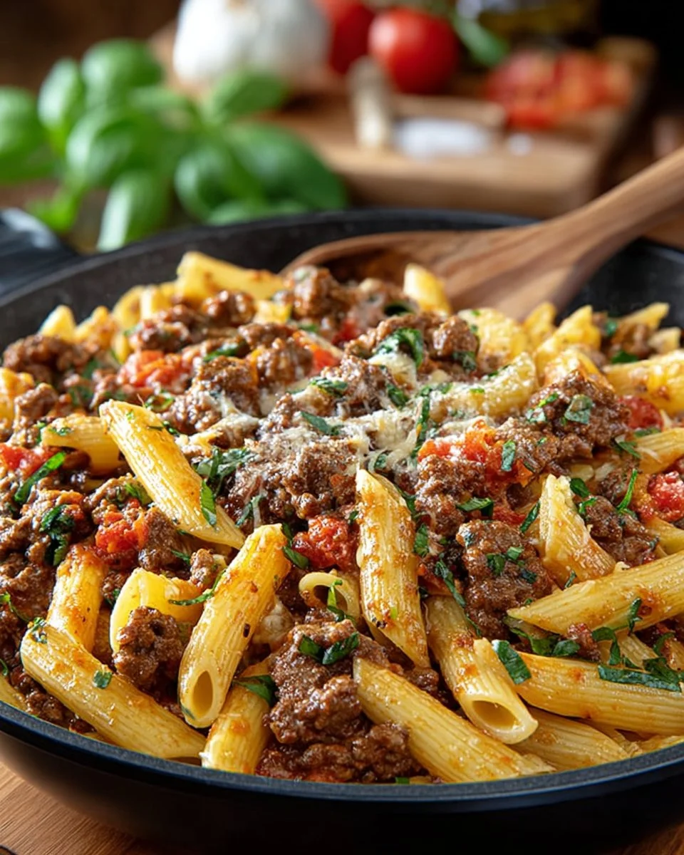 Plate of Easy Cheesy Ground Beef Pasta topped with cheese and herbs
