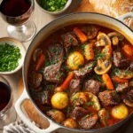 Delicious one-pot beef bourguignon garnished with fresh herbs