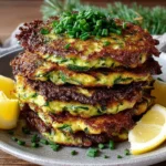 Easy Parmesan Zucchini Fritters on a plate garnished with fresh herbs.