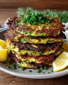 Easy Parmesan Zucchini Fritters on a plate garnished with fresh herbs.
