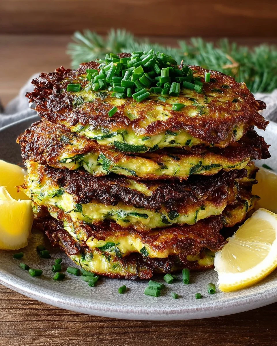 Easy Parmesan Zucchini Fritters on a plate garnished with fresh herbs.