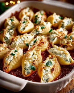 Delicious easy stuffed shells filled with ricotta and herbs on a plate.
