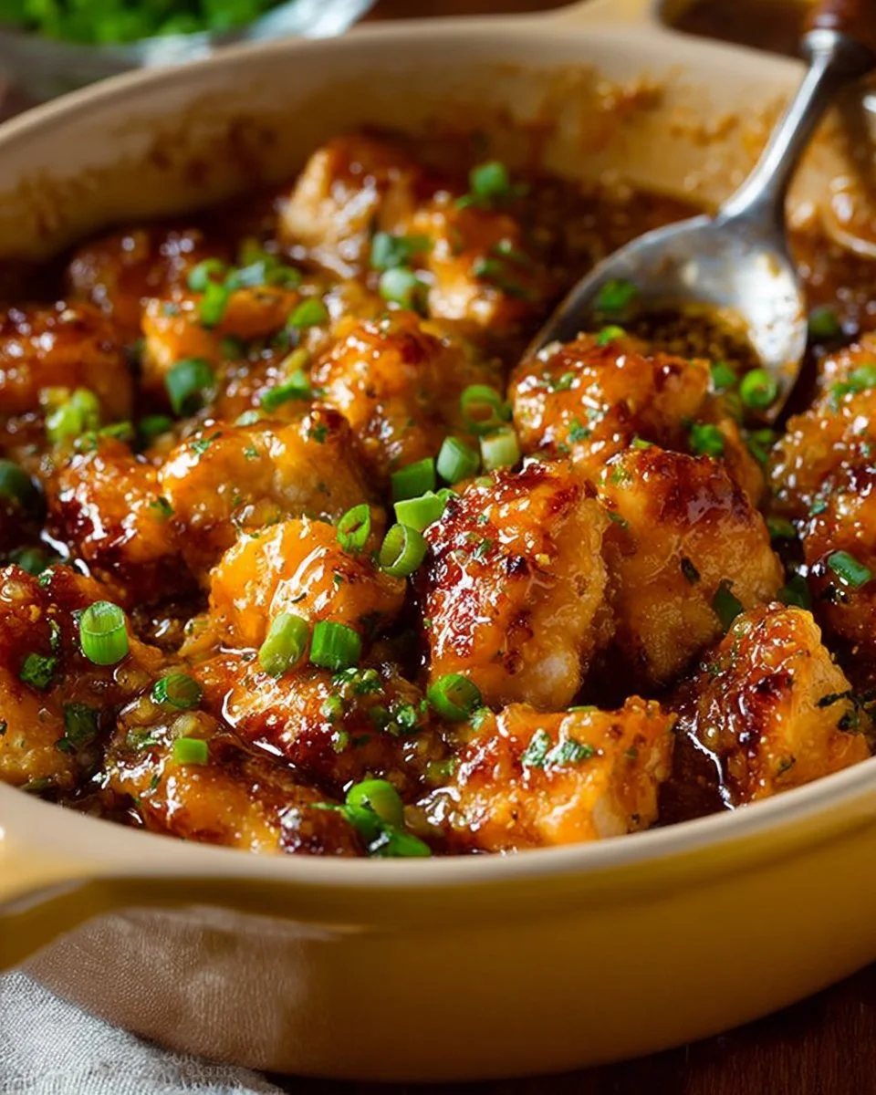 Easy sweet chili chicken dish garnished with green onions and sesame seeds