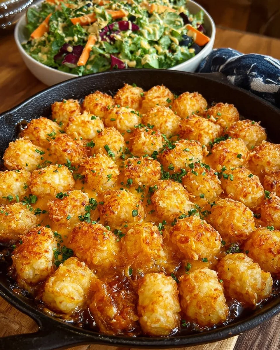 Fiesta Chicken Tater Tot Casserole topped with crispy Tater Tots and colorful ingredients.