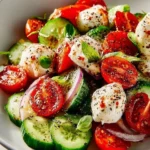Fresh Cucumber Caprese Salad with mozzarella, tomatoes, and basil