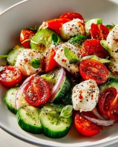 Fresh Cucumber Caprese Salad with mozzarella, tomatoes, and basil