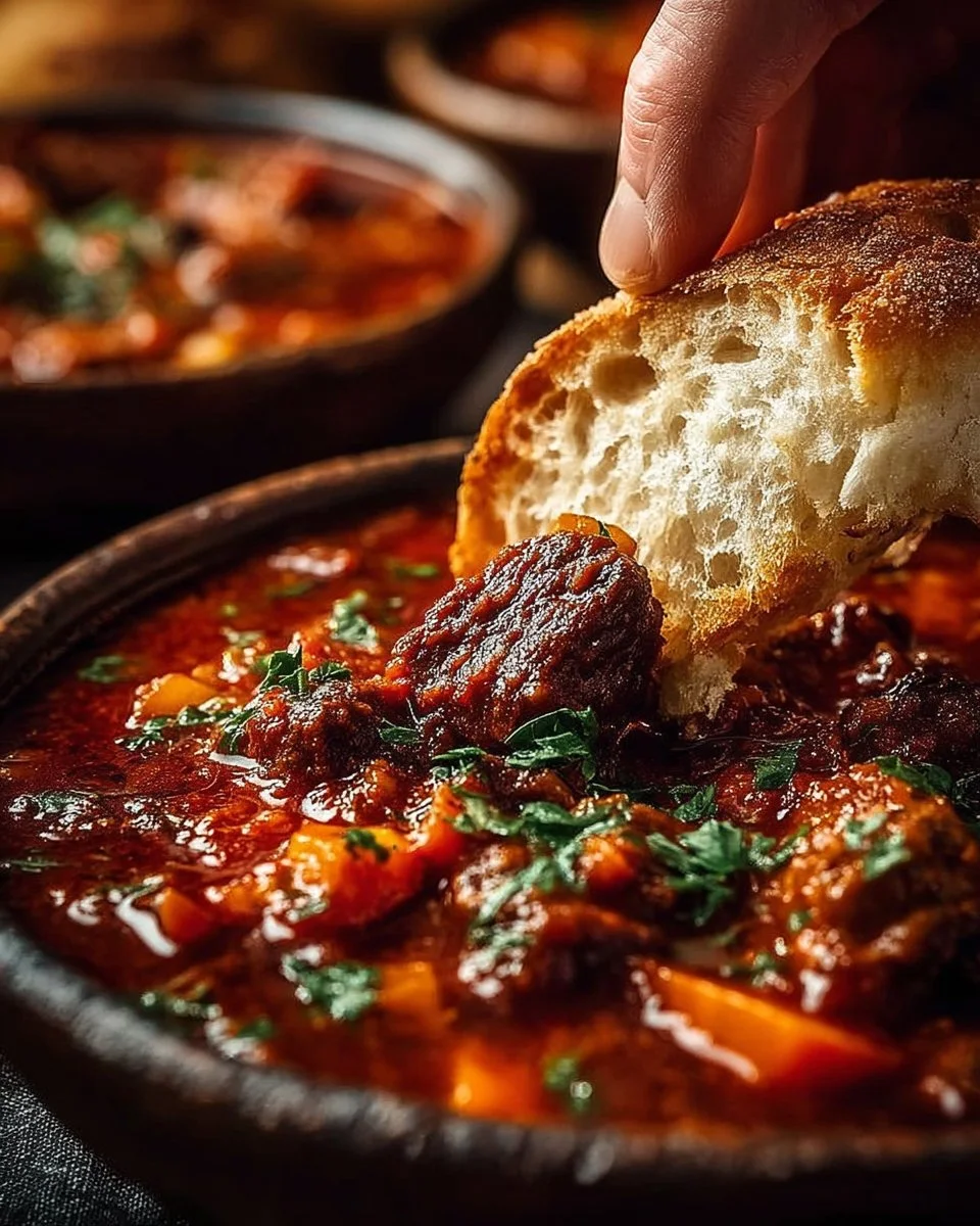 Bowl of traditional Hungarian goulash beef stew with herbs and spices