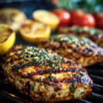 Grilled lemon chicken garnished with fresh herbs on a plate