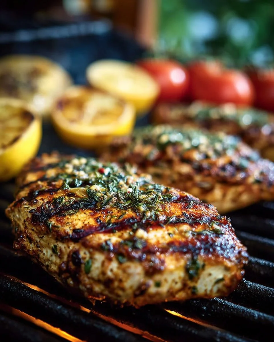 Grilled lemon chicken garnished with fresh herbs on a plate