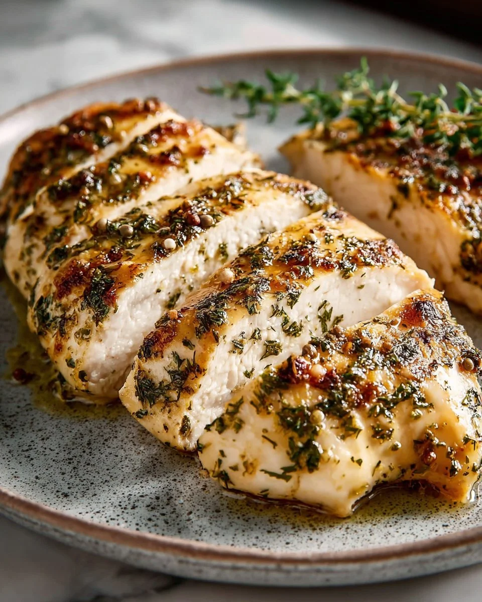 Juicy herb baked chicken breast garnished with fresh herbs