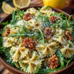 Lemon Arugula Pasta Salad served in a bowl with fresh ingredients