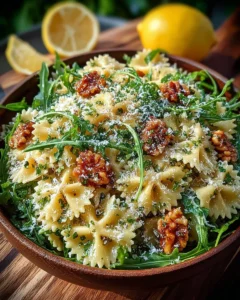 Lemon Arugula Pasta Salad served in a bowl with fresh ingredients