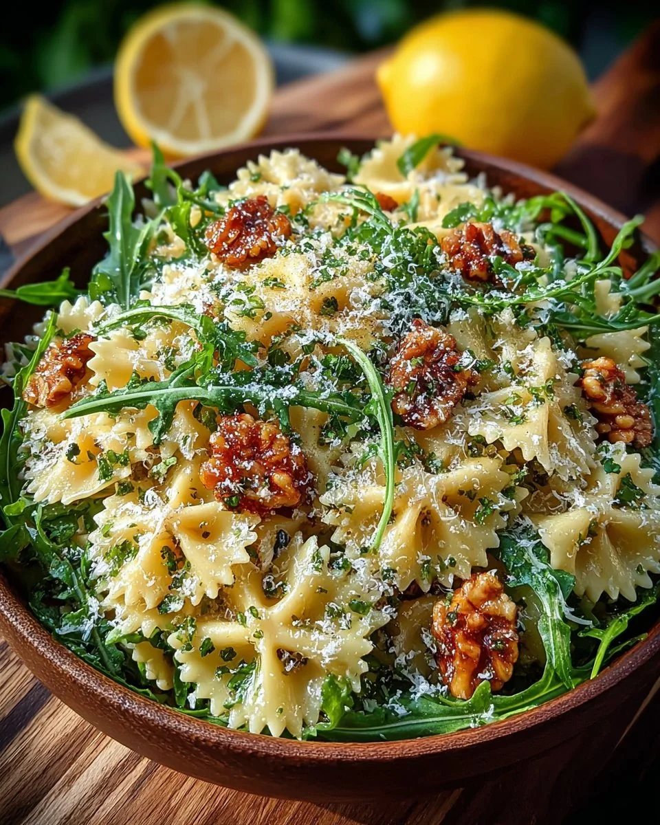 Lemon Arugula Pasta Salad served in a bowl with fresh ingredients