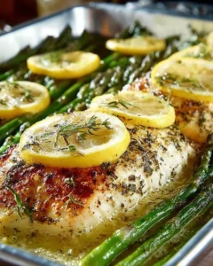 Plate of Lemon Butter Chicken with Asparagus garnished with lemon slices
