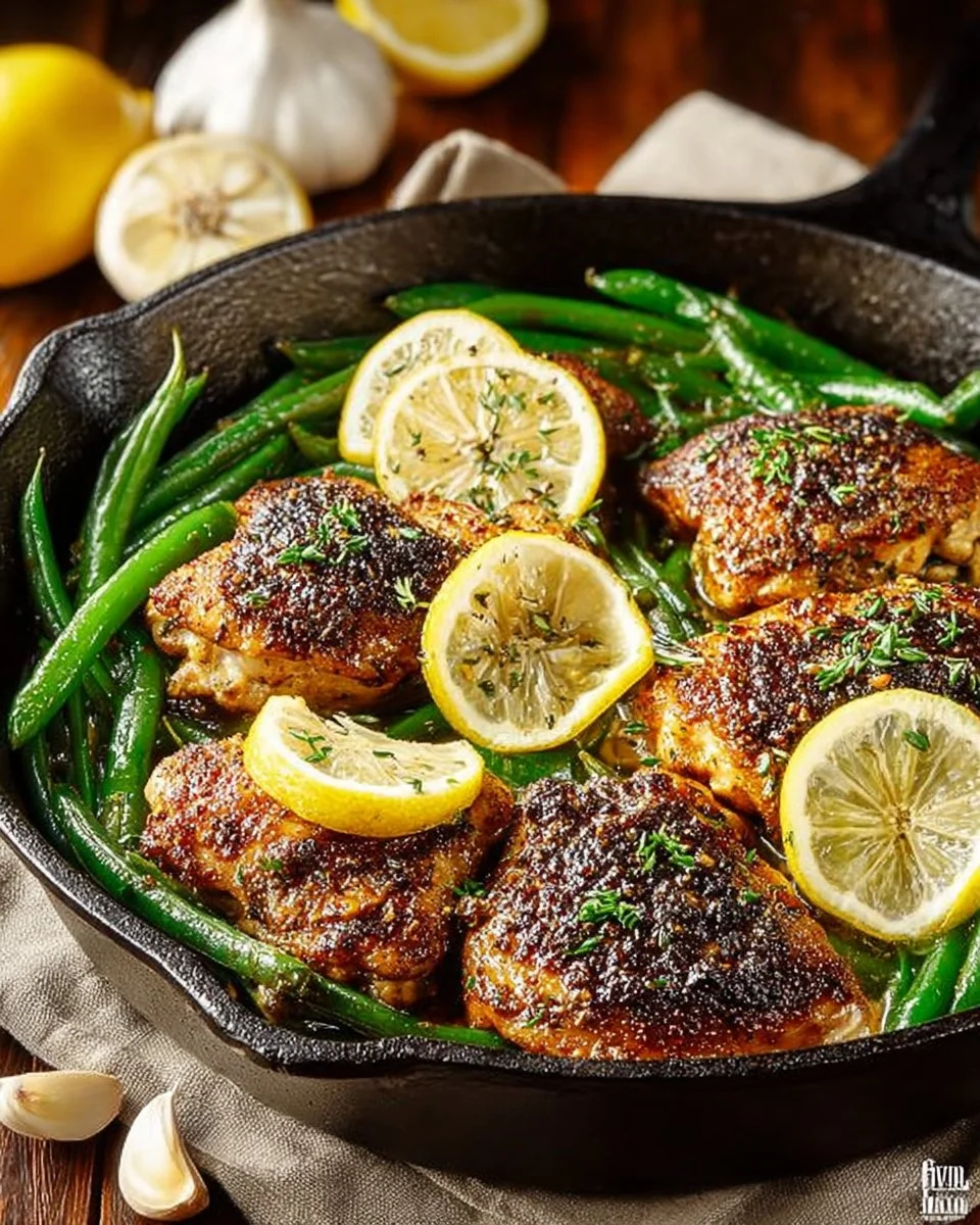 Delicious Lemon Garlic Chicken Skillet served with fresh herbs