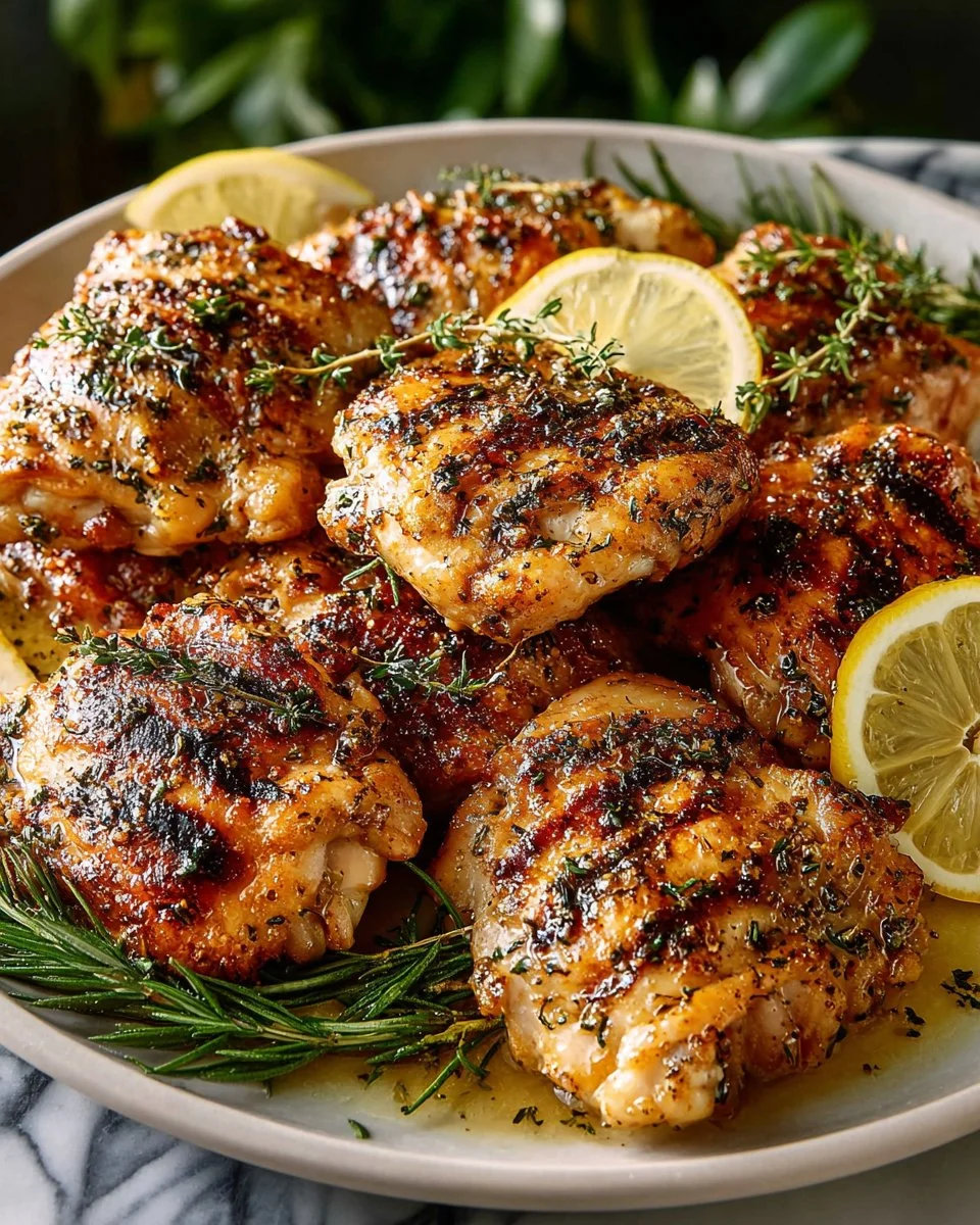 Lemon Herb Grilled Chicken on a plate garnished with fresh herbs