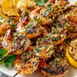 Delicious lemon herb grilled shrimp on a plate, garnished with fresh herbs.