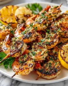 Delicious lemon herb grilled shrimp on a plate, garnished with fresh herbs.