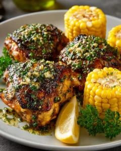 Lemon herb roasted chicken thighs garnished with fresh herbs and lemon slices.