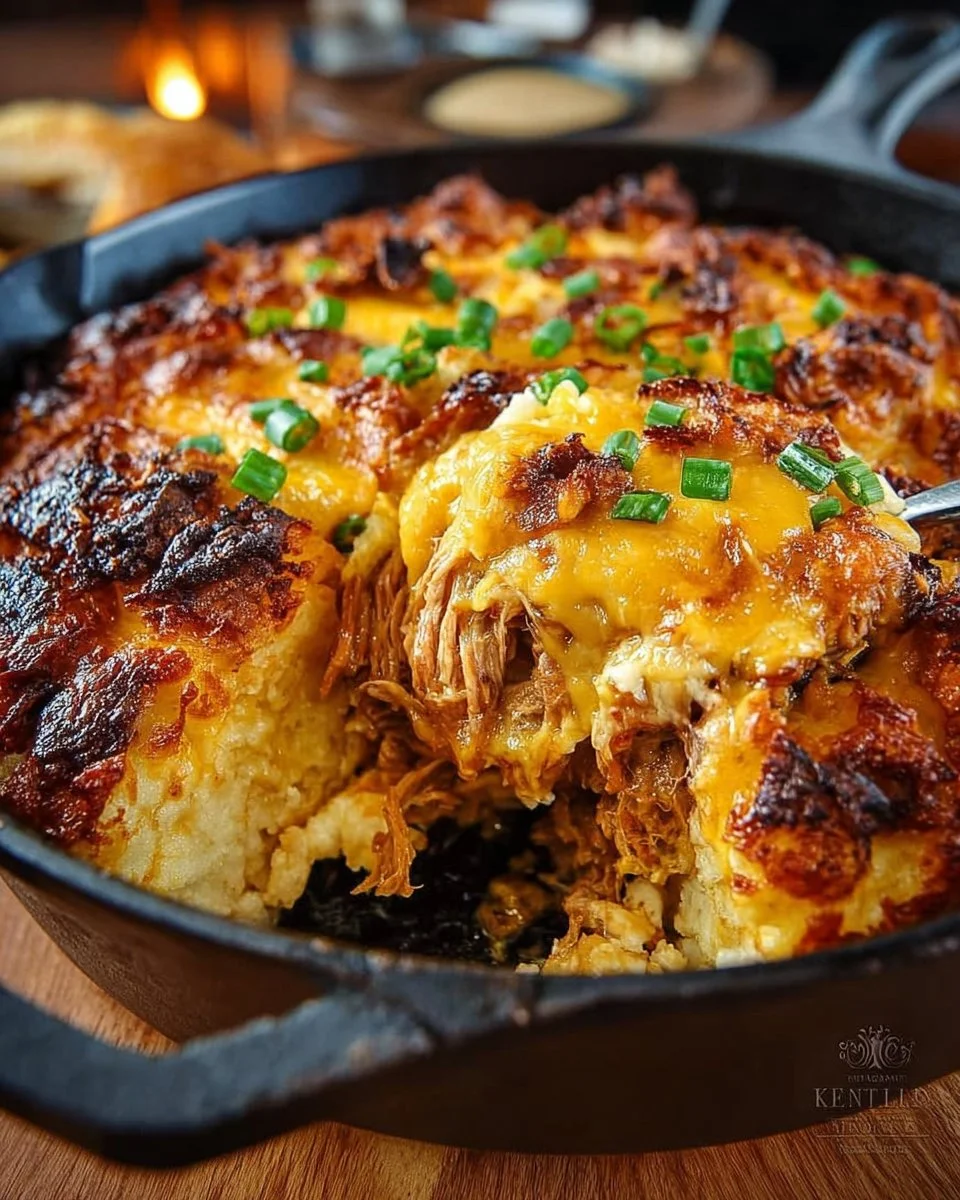 Loaded tater tot casserole with cheese, bacon, and veggies