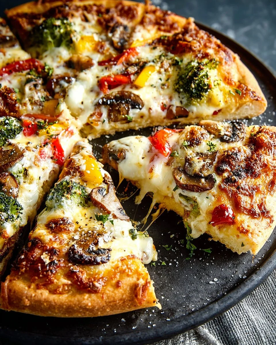 Loaded Veggie Pizza with an assortment of fresh vegetables and herbs