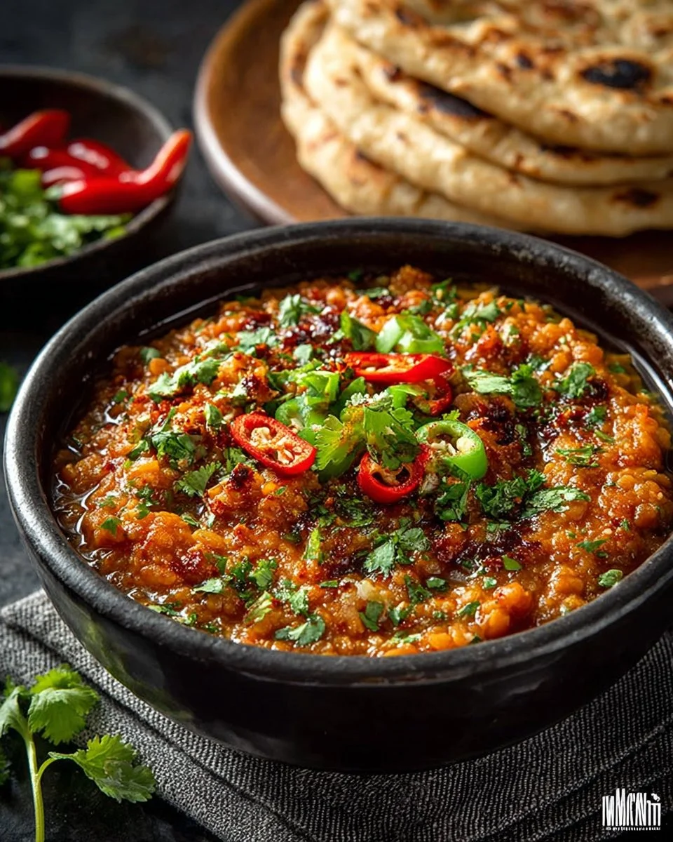 Bowl of creamy mashed eggplant served with herbs and spices
