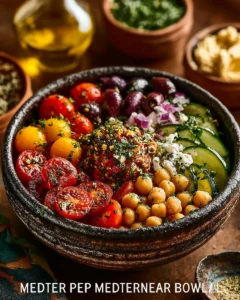 Colorful Mediterranean Power Bowl filled with fresh vegetables and grains