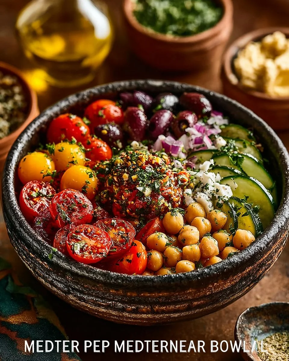 Colorful Mediterranean Power Bowl filled with fresh vegetables and grains
