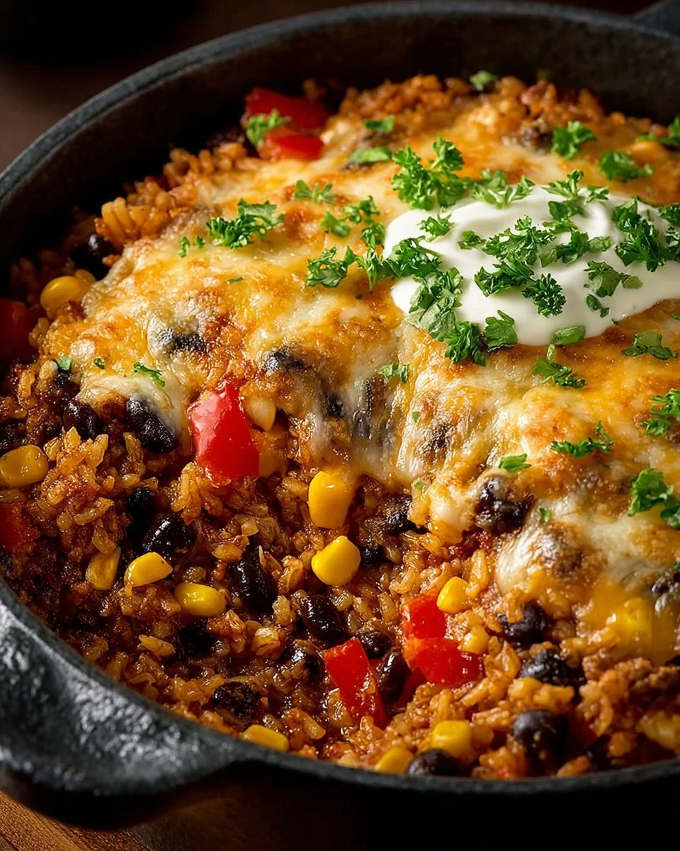 Delicious Mexican Ground Beef Casserole with Rice served in a baking dish