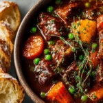 Delicious bowl of Mom's slow cooker beef stew with vegetables and herbs