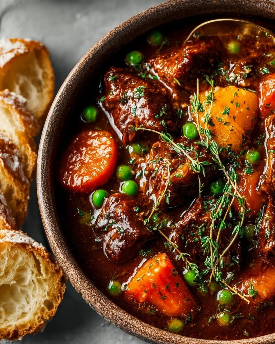 Delicious bowl of Mom's slow cooker beef stew with vegetables and herbs