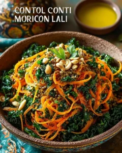 A colorful Moroccan Lentil Salad garnished with fresh herbs and spices.