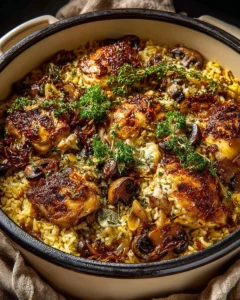 One Pan Roasted Herb Chicken served with Wild Rice in a rustic setting