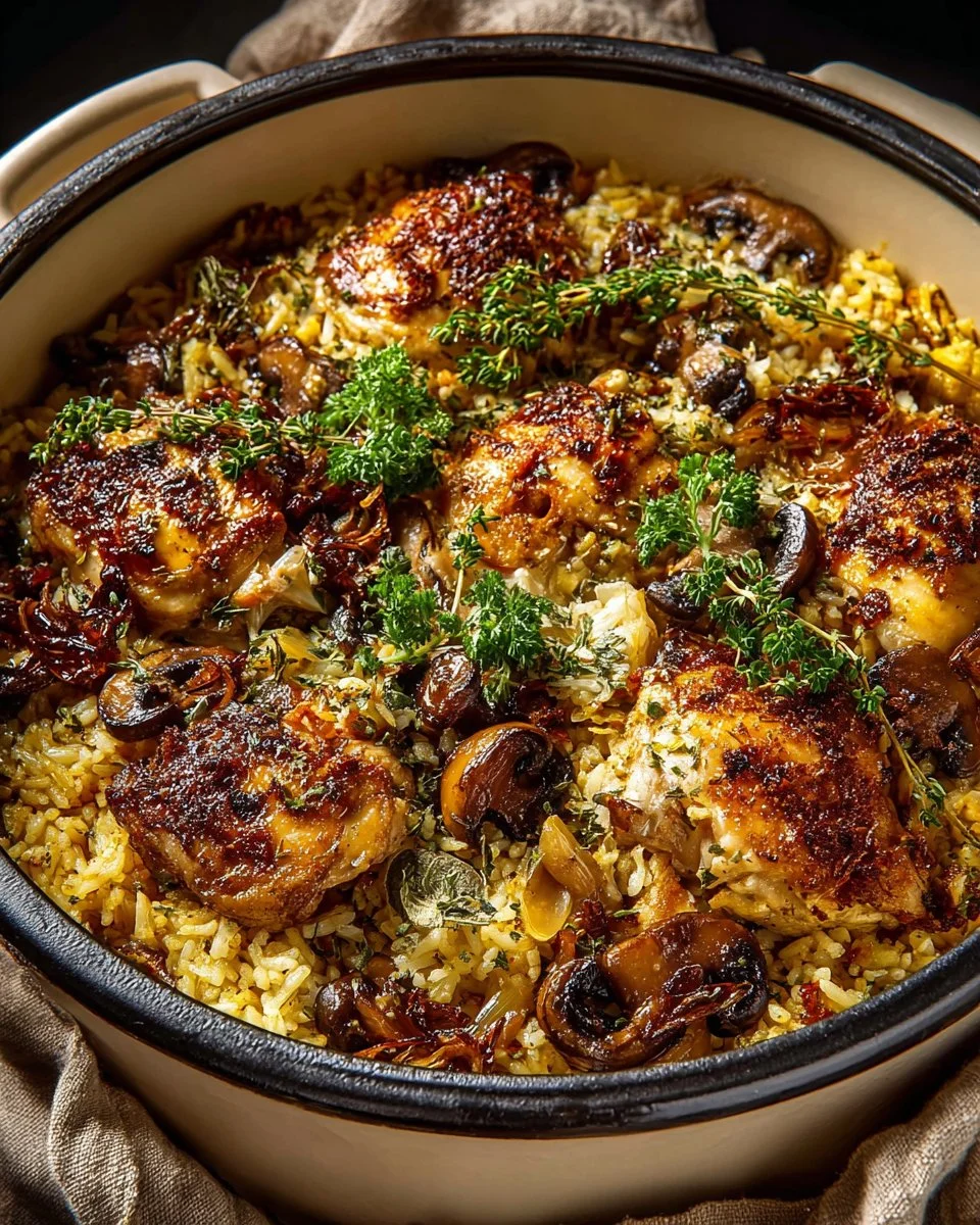 One Pan Roasted Herb Chicken served with Wild Rice in a rustic setting