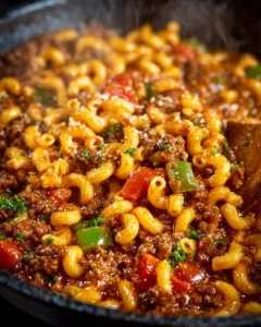 One-Pot Classic American Goulash with pasta and beef in a skillet