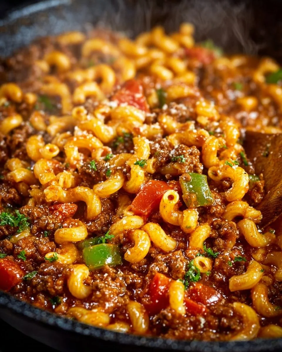 One-Pot Classic American Goulash with pasta and beef in a skillet