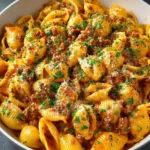 Creamy beef and shells pasta in a one pot preparation