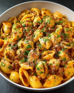 Creamy beef and shells pasta in a one pot preparation