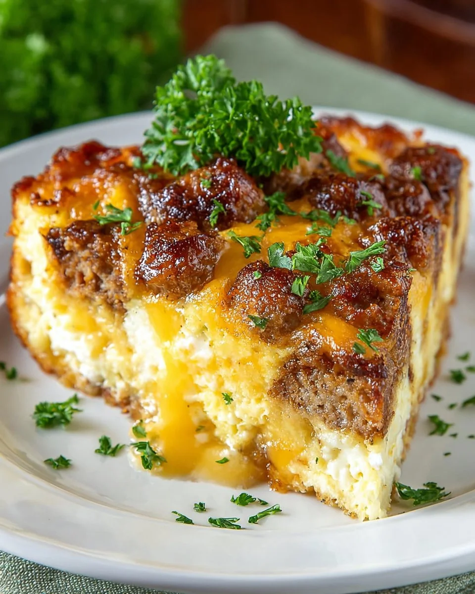 Delicious Overnight Sausage and Egg Breakfast Casserole ready to serve.