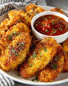 Crispy Parmesan Baked Chicken Strips served with dipping sauce